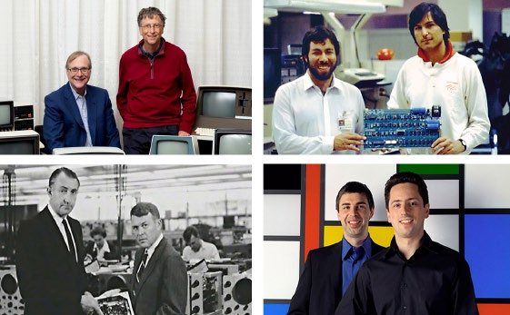 From top left: Paul Allen and Bill Gates of Microsoft; Steve Wozniak and Steve Jobs of Apple; William Hewlett and David Packard of HP; Sergey Brin and Larry Page of Google.